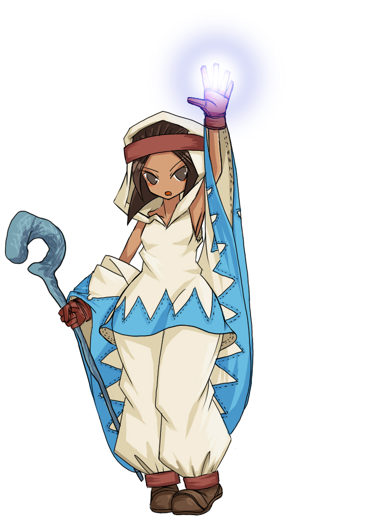 tun, rapha galthena, white mage (fft), white mage (final fantasy), final fantasy, final fantasy tactics, white mage, brown hair, class change, dark-skinned female, dark skin, eyeliner, full body, headband, hip focus, makeup, robe, short hair, staff, standing, wide hips