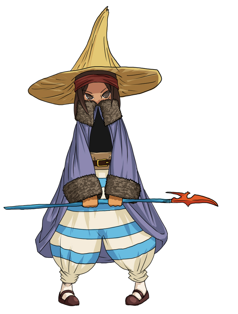 tun, black mage (fft), black mage (final fantasy), rapha galthena, final fantasy, final fantasy tactics, black mage, baggy pants, brown hair, class change, dark-skinned female, dark skin, eyeliner, full body, hat, headband, makeup, pants, robe, short hair, staff, standing, witch hat