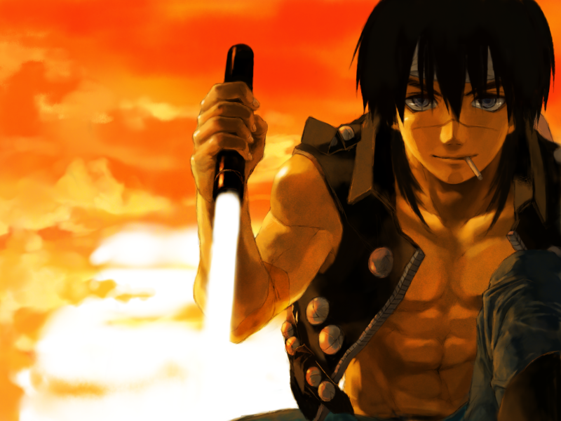 natadekoko, kou tenka, houshin engi, 1990s (style), 1boy, black hair, cigarette, energy sword, jacket, lightsaber, male focus, outdoors, scar, short hair, sky, solo, sunset, sword, weapon