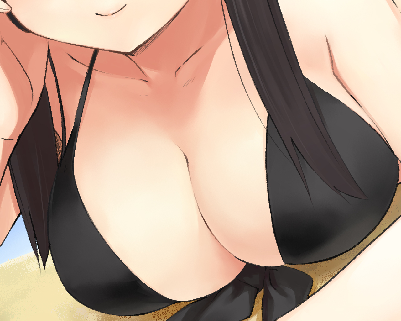 u (the unko), akiyama mio, k-on!, 00s, 1girl, adjusting hair, bikini, black bikini, breasts, cleavage, close-up, female focus, front-tie top, head out of frame, large breasts, lipstick, makeup, skindentation, smile, solo, swimsuit
