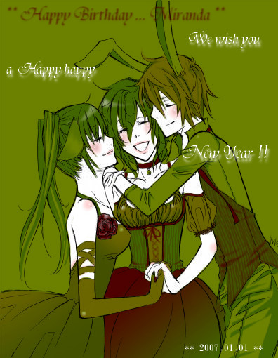 lavi, lenalee lee, miranda lotto, d.gray-man, 00s, animal ears, blush, brown hair, choker, closed eyes, dress, elbow gloves, english text, flower, formal clothes, gloves, green hair, holding hands, hug, long hair, rabbit ears, rose, short hair, smile, twintails