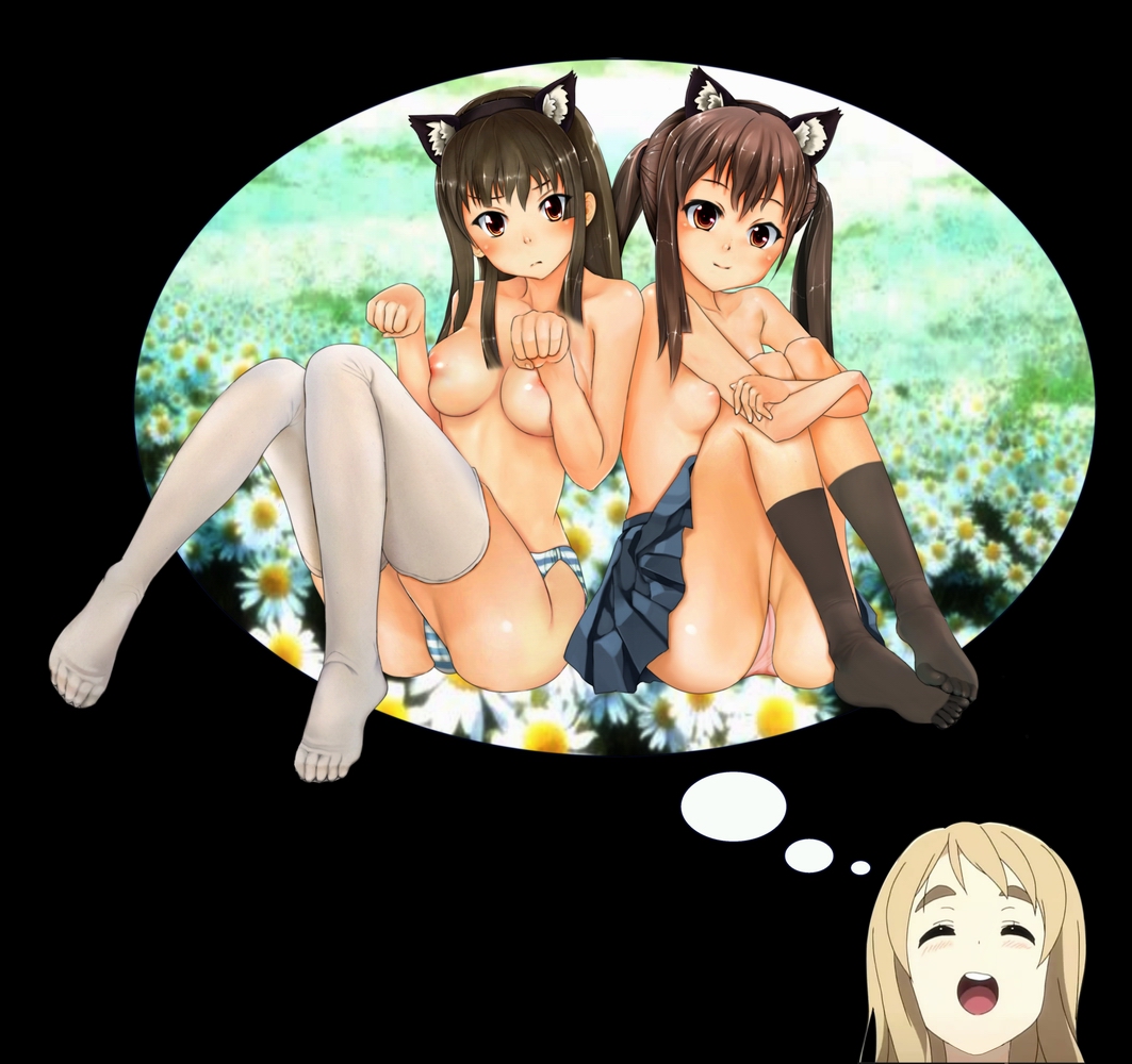 cruizer, akiyama mio, kotobuki tsumugi, nakano azusa, k-on!, eyebrows, bad id, bad pixiv id, 00s, 2girls, animal ears, bare shoulders, black hair, black socks, breasts, brown hair, cameltoe, cat ears, feet, hugging own legs, imagining, kneehighs, knees to chest, legs, long hair, medium breasts, multiple girls, nipples, panties, paw pose, pink panties, socks, striped clothes, striped panties, thighhighs, topless female, twintails, underwear, underwear only, white thighhighs