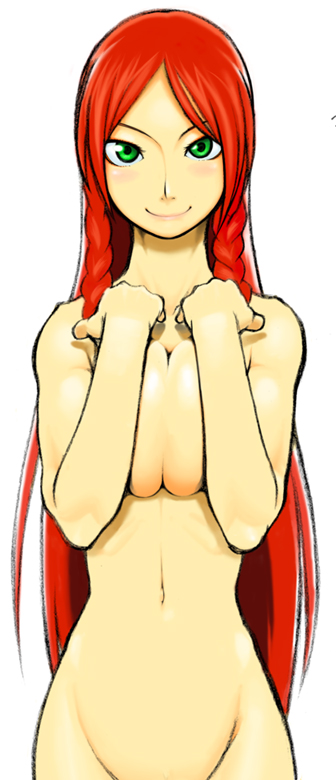 kagehito, hong meiling, touhou, 1girl, braid, breasts, breasts squeezed together, covering privates, female focus, green eyes, groin, large breasts, long hair, nude, nude cover, red hair, smile, solo, twin braids