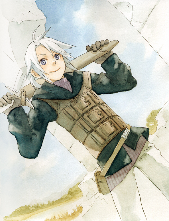 arita youko, luneth, final fantasy, final fantasy iii, nib pen (medium), painting (medium), pen (medium), traditional media, watercolor (medium), 1990s (style), 1boy, blue eyes, cloud, day, gloves, male focus, outdoors, pillar, ponytail, retro artstyle, sheath, sheathed, sky, smile, solo, standing, sword, weapon, white hair