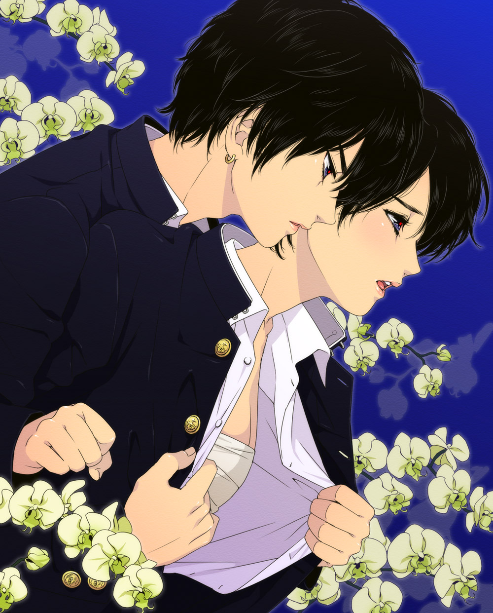 tetsukuzu tetsuko, highres, 1boy, 1girl, androgynous, black hair, blue eyes, blush, breast bind, crossdressing, earrings, flower, jewelry, lips, open clothes, open shirt, reverse trap, sarashi, school uniform, shirt, short hair, undressing