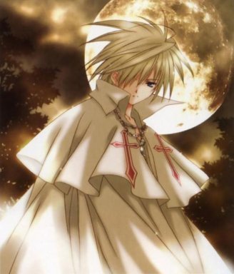 nanase aoi, aquarian age, lowres, blonde hair, cloak, cross, frown, hair over one eye, night, short hair, sky, tree
