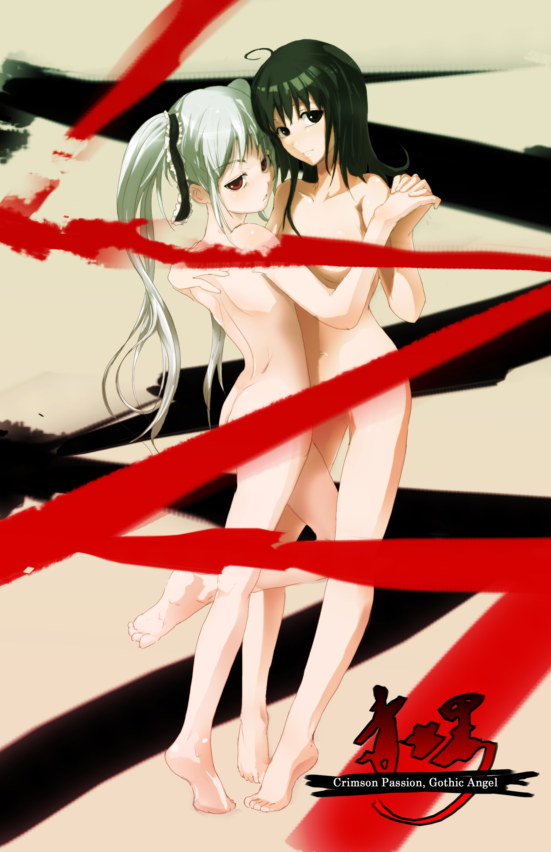 nekoita, crimson passion gothic angel, silver hair, absurdres, bad id, bad pixiv id, highres, 2girls, barefoot, black hair, brown eyes, feet, hair ribbon, holding hands, multiple girls, red eyes, ribbon, twintails, yuri