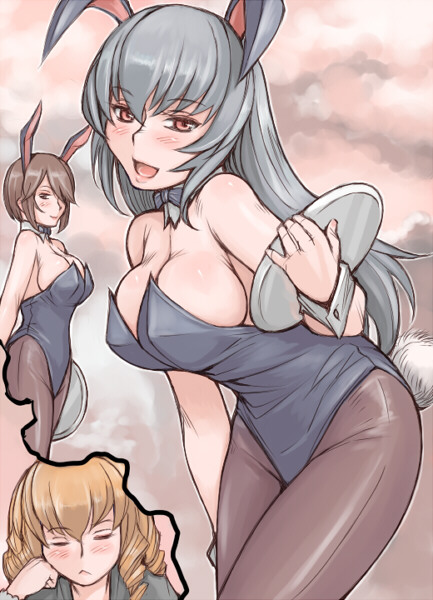 tsuda nanafushi, hinaichigo, souseiseki, suigintou, rozen maiden, silver hair, 00s, :<, aged up, animal ears, blonde hair, blush, breasts, brown eyes, brown hair, cleavage, dreaming, fake animal ears, large breasts, pantyhose, pink eyes, playboy bunny, rabbit ears, rabbit tail, tail, tray, wrist cuffs