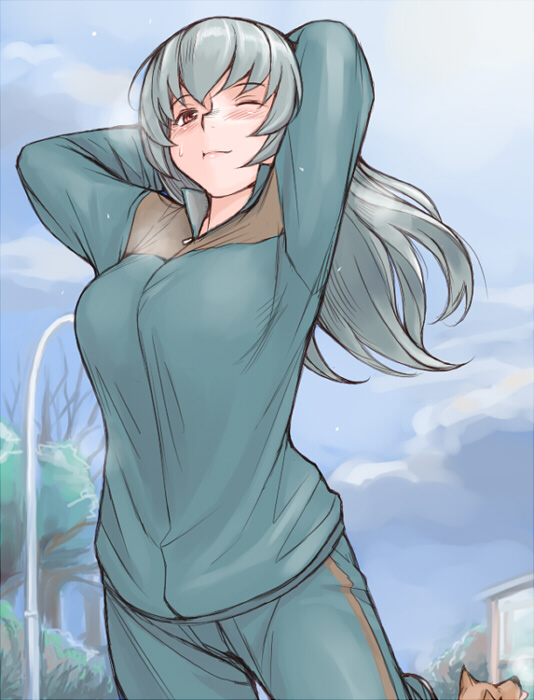 tsuda nanafushi, suigintou, rozen maiden, silver hair, 00s, 1girl, aged up, blush, breasts, breath, dog, female focus, large breasts, one eye closed, pink eyes, solo, sweat, track suit, wink