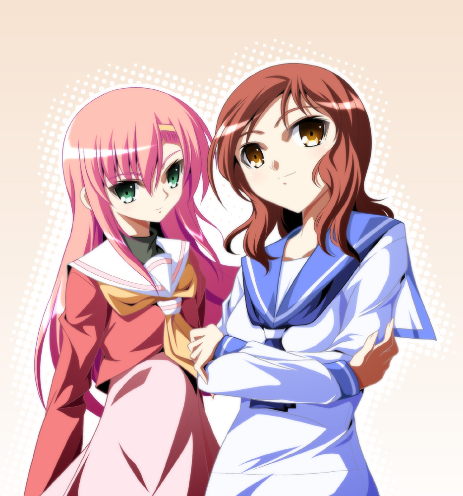 ka2, itou shizuka, katsura hinagiku, takei hisa, hayate no gotoku!, saki (manga), 00s, crossed arms, crossover, school uniform, serafuku, voice actor connection