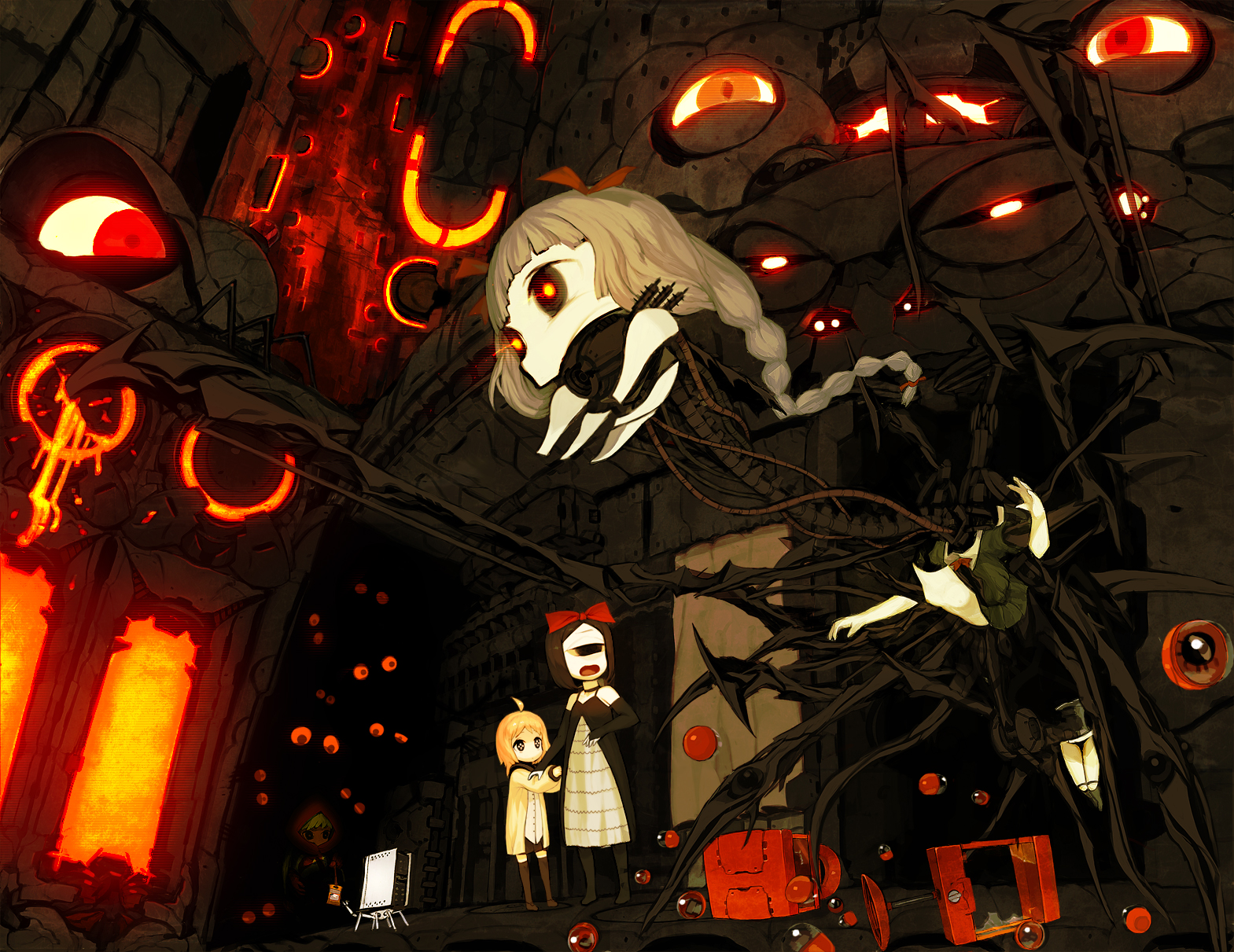 asgr, bad id, bad pixiv id, highres, 2girls, ahoge, blonde hair, brown hair, cyclops, monster girl, multiple girls, one-eyed, robot, science fiction