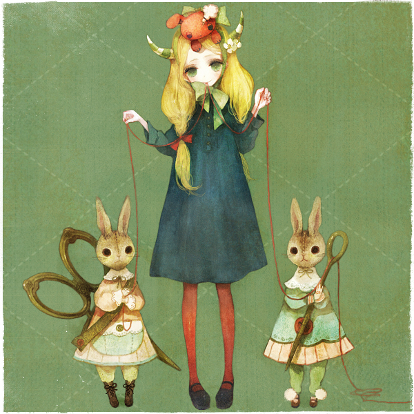 pechika, blonde hair, doll, green eyes, hair ornament, horns, pantyhose, scissors, thread