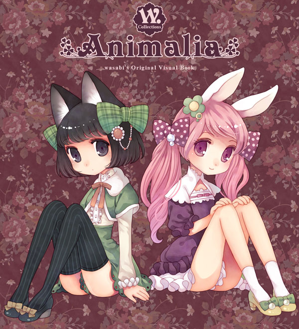 wasabi (sekai), original, bad id, bad pixiv id, animal ears, black hair, blue eyes, bow, cat ears, child, hair bow, hair ornament, long hair, pink eyes, pink hair, rabbit ears, short hair, sitting, thighhighs, twintails