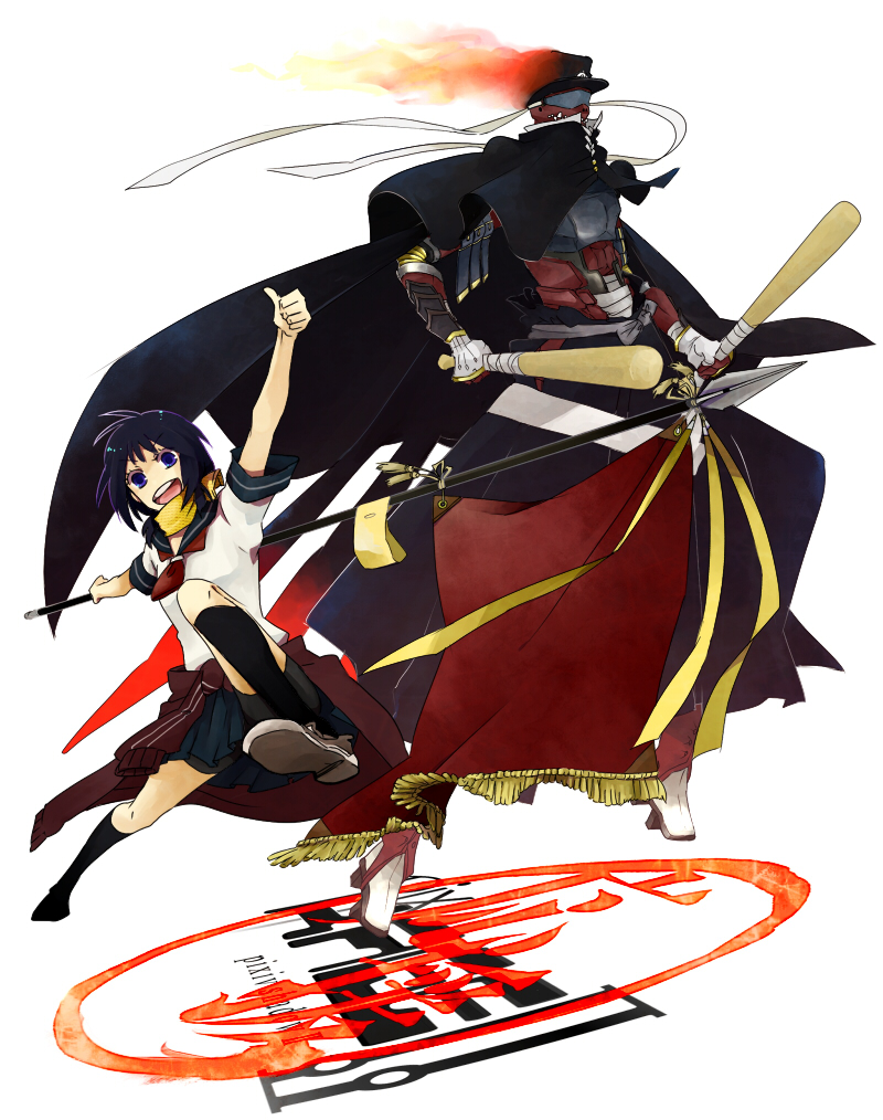 donburi (artist), pixiv shadow, 1boy, 1girl, baseball bat, bike shorts, dual wielding, holding, polearm, school uniform, serafuku, spear, weapon