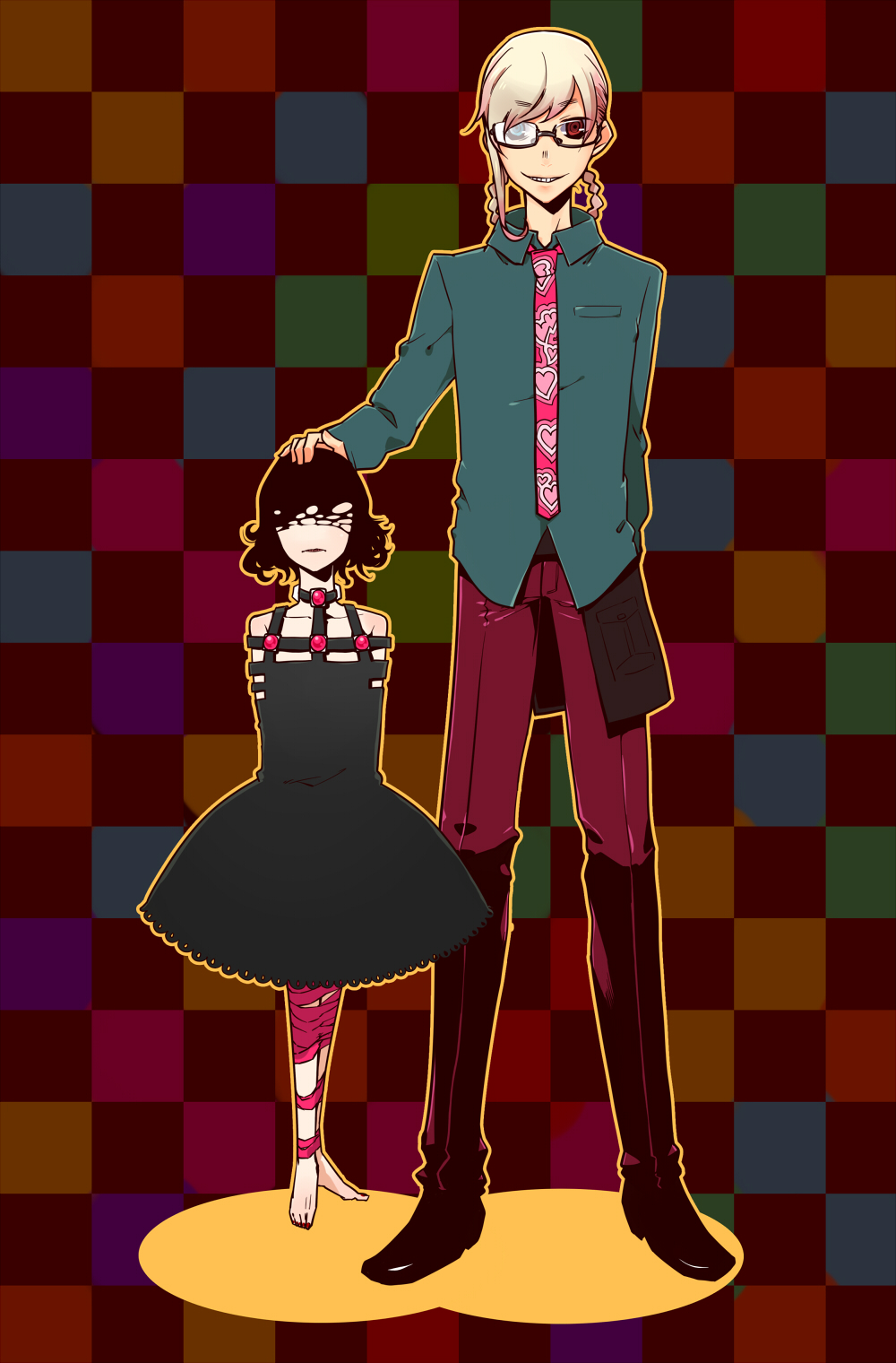 jin (crocus), highres, 1boy, 1girl, androgynous, braid, child, dress, glasses, grin, height difference, heterochromia, necktie, smile, white hair