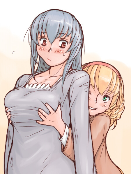 tsuda nanafushi, hinaichigo, suigintou, rozen maiden, silver hair, 00s, 2girls, aged up, blonde hair, blush, breasts, casual, drill hair, grabbing another's breast, green eyes, groping, hairband, large breasts, multiple girls, red eyes, smile