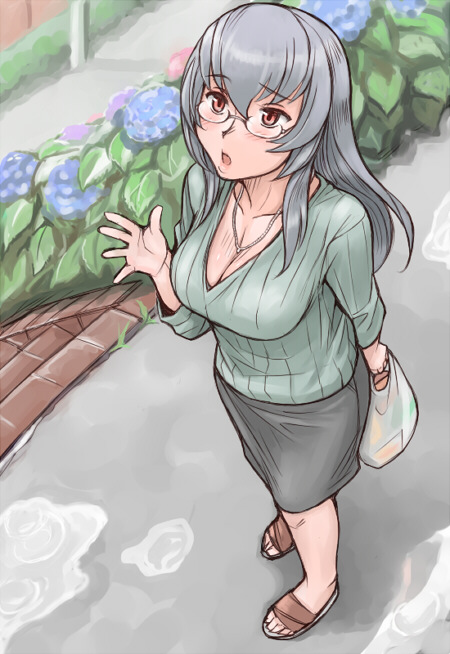 tsuda nanafushi, suigintou, rozen maiden, silver hair, 00s, 1girl, aged up, bag, breasts, casual, cleavage, female focus, flower, glasses, hydrangea, jewelry, large breasts, necklace, puddle, sandals, solo, water