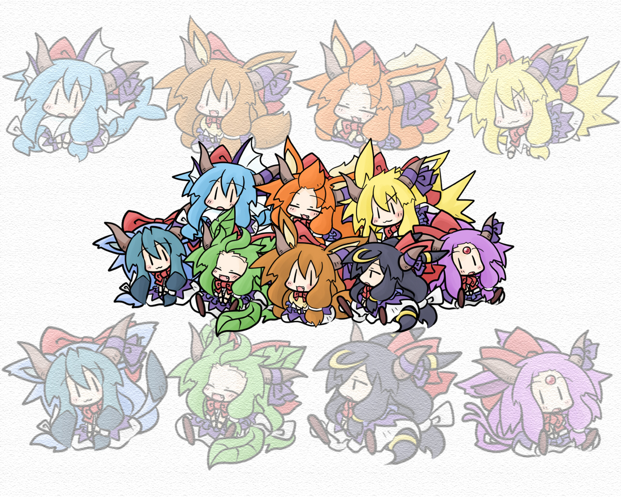 yanagi (nurikoboshi), eevee, espeon, flareon, glaceon, ibuki suika, jolteon, leafeon, umbreon, vaporeon, nintendo, pokemon, touhou, 6+girls, animal ears, black hair, blonde hair, blue hair, brown hair, chibi, costume, evolutionary line, fang, female focus, gen 1 pokemon, gen 2 pokemon, gen 4 pokemon, green hair, horns, long hair, multiple girls, orange hair, pokemon (creature), purple hair, tail, zoom layer, | |
