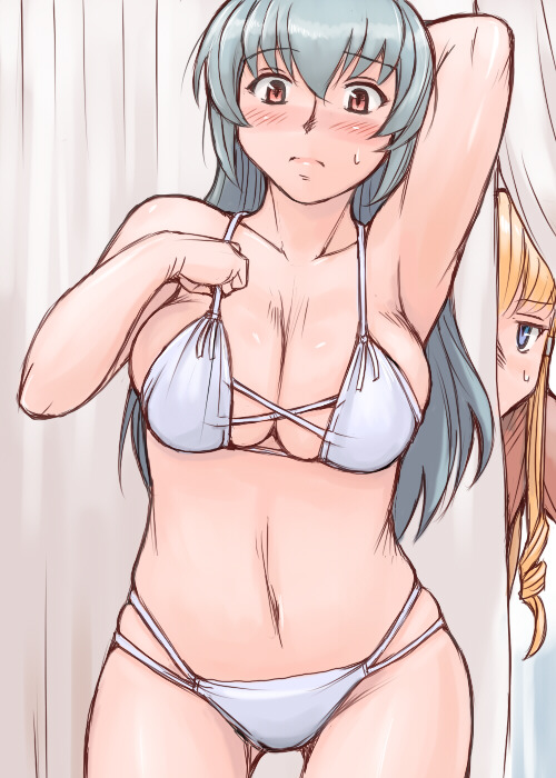 tsuda nanafushi, shinku, suigintou, rozen maiden, silver hair, 00s, 2girls, aged up, armpits, arms up, bikini, blonde hair, blush, breasts, cleavage, large breasts, multiple girls, peeking, pink eyes, sweatdrop, swimsuit