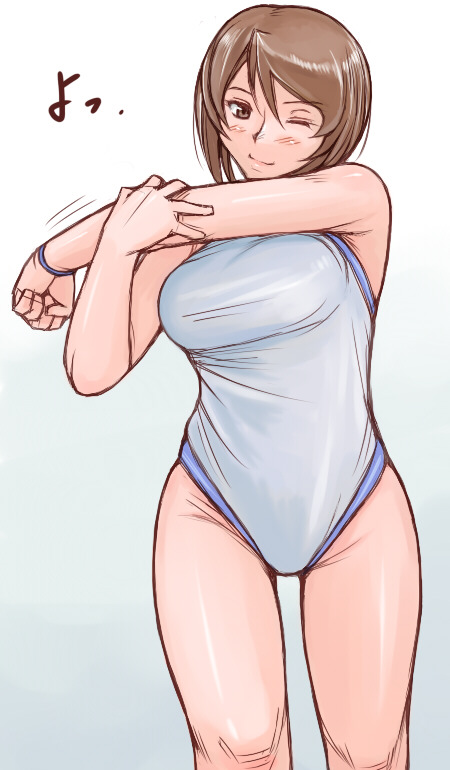 tsuda nanafushi, souseiseki, rozen maiden, 00s, 1girl, aged up, breasts, brown eyes, brown hair, competition swimsuit, female focus, groin, large breasts, leotard, one-piece swimsuit, one eye closed, short hair, solo, stretching, swimsuit, wink, wristband