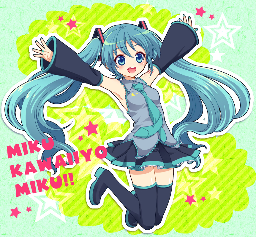 mochiya marosuke, hatsune miku, vocaloid, aqua eyes, aqua hair, detached sleeves, long hair, necktie, outstretched arms, solo, spread arms, thighhighs, twintails