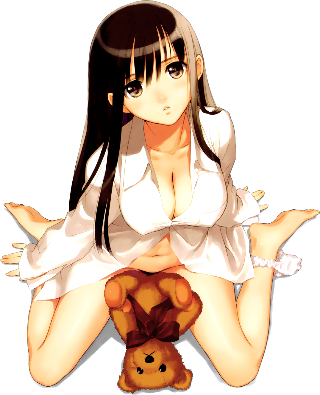 tony taka, mizushima asa, sora no iro mizu no iro, highres, non-web source, scan, 00s, 1girl, artistic error, barefoot, black hair, blush, bottomless, breasts, brown eyes, brown hair, cleavage, convenient censoring, covered erect nipples, dress shirt, feet, female focus, full body, groin, head tilt, kneeling, large breasts, long hair, no bra, panties, panties around leg, panty pull, pink eyes, shirt, soles, solo, stuffed animal, stuffed toy, teddy bear, transparent background, underwear, white panties, white shirt, wrong foot