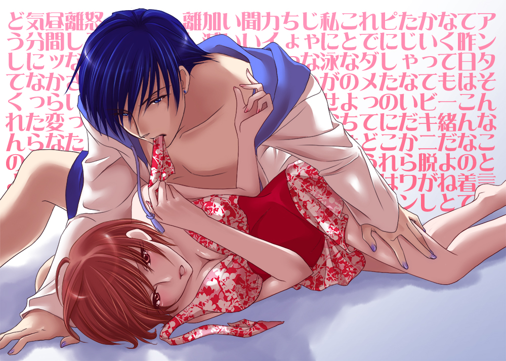 tonyo (milky crown), kaito (vocaloid), meiko (vocaloid), vocaloid, bad id, bad pixiv id, 1boy, 1girl, barefoot, blue eyes, blue hair, breasts, brown eyes, brown hair, cleavage, couple, hetero, lying, mouth hold, nail polish, on side, short hair