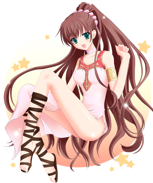 320yw, linde (fire emblem), fire emblem, fire emblem: mystery of the emblem, fire emblem: shadow dragon, nintendo, 1girl, armband, brown hair, dress, feet, female focus, gladiator sandals, green eyes, hairband, happy, legs, long hair, no panties, pink dress, ponytail, sandals, simple background, solo, star (symbol), thighs, very long hair