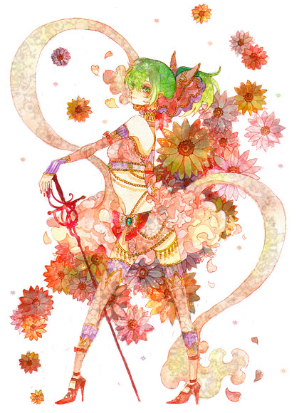 secco (pixiv), sekko (gerard no koibito), lene (fire emblem), fire emblem, fire emblem: genealogy of the holy war, nintendo, bad id, bad pixiv id, 1girl, daisy (flower), female focus, flower, green eyes, green hair, high heels, matching hair/eyes, ponytail, shoes, solo, sword, thighhighs, weapon