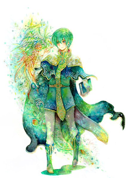 secco (pixiv), sekko (gerard no koibito), ced (fire emblem), fire emblem, fire emblem: genealogy of the holy war, nintendo, bad id, bad pixiv id, 1boy, bird, bird on hand, book, boots, cape, green eyes, green hair, green theme, male focus, matching hair/eyes, solo