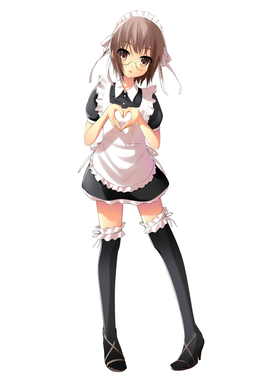 sarekoube, nagato yuki, suzumiya haruhi no yuuutsu, silver hair, bad id, bad pixiv id, highres, 1girl, apron, black thighhighs, brown eyes, female focus, frilled thighhighs, frills, full body, glasses, heart, heart hands, high heels, legs, maid, maid apron, maid headdress, moe moe kyun!, open shoes, parody, shoes, short hair, simple background, solo, thighhighs, white background