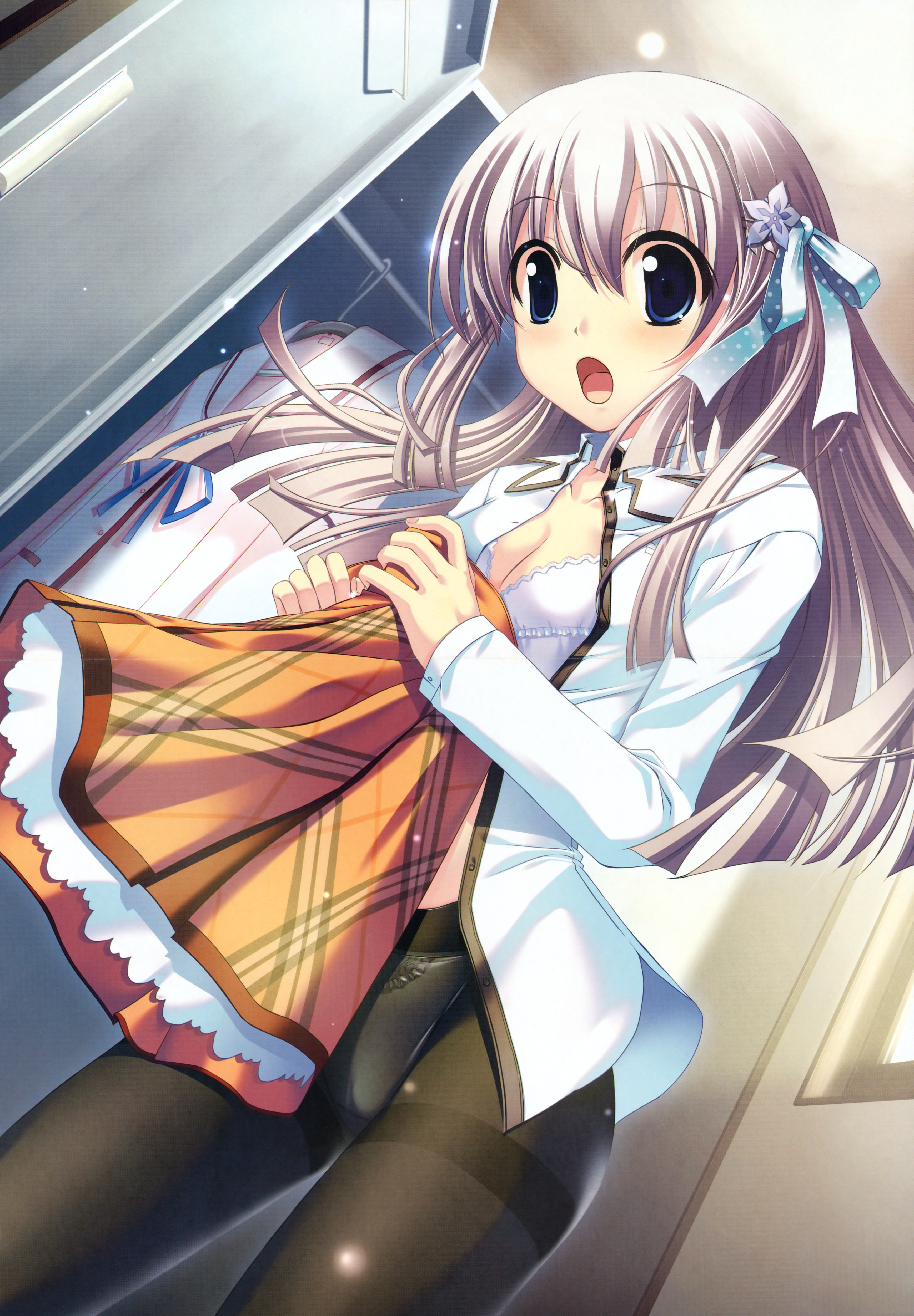 ayakaze ryuushou, kaoruko livingstone, sakura tale, absurdres, highres, huge filesize, 1girl, :o, blue eyes, bra, breasts, changing, cleavage, dressing, female focus, grey hair, hair ornament, hair ribbon, hairclip, lingerie, locker, no pants, open clothes, open shirt, panties, panties under pantyhose, pantyhose, plaid clothes, plaid skirt, polka dot, ribbon, shirt, skirt, solo, thighband pantyhose, underwear