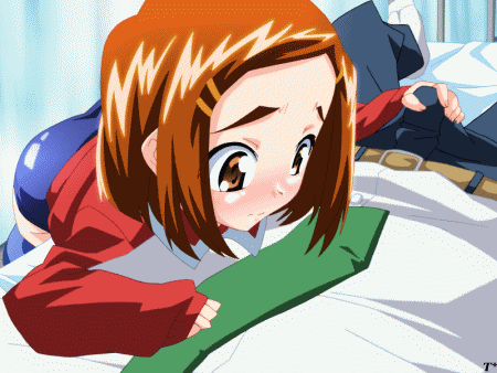 chisato (mahotama), erogos, mahotama, animated, animated gif, lowres, bed, belt, blush, brown eyes, hair ribbon, handjob, loli, necktie, penis, red hair, ribbon