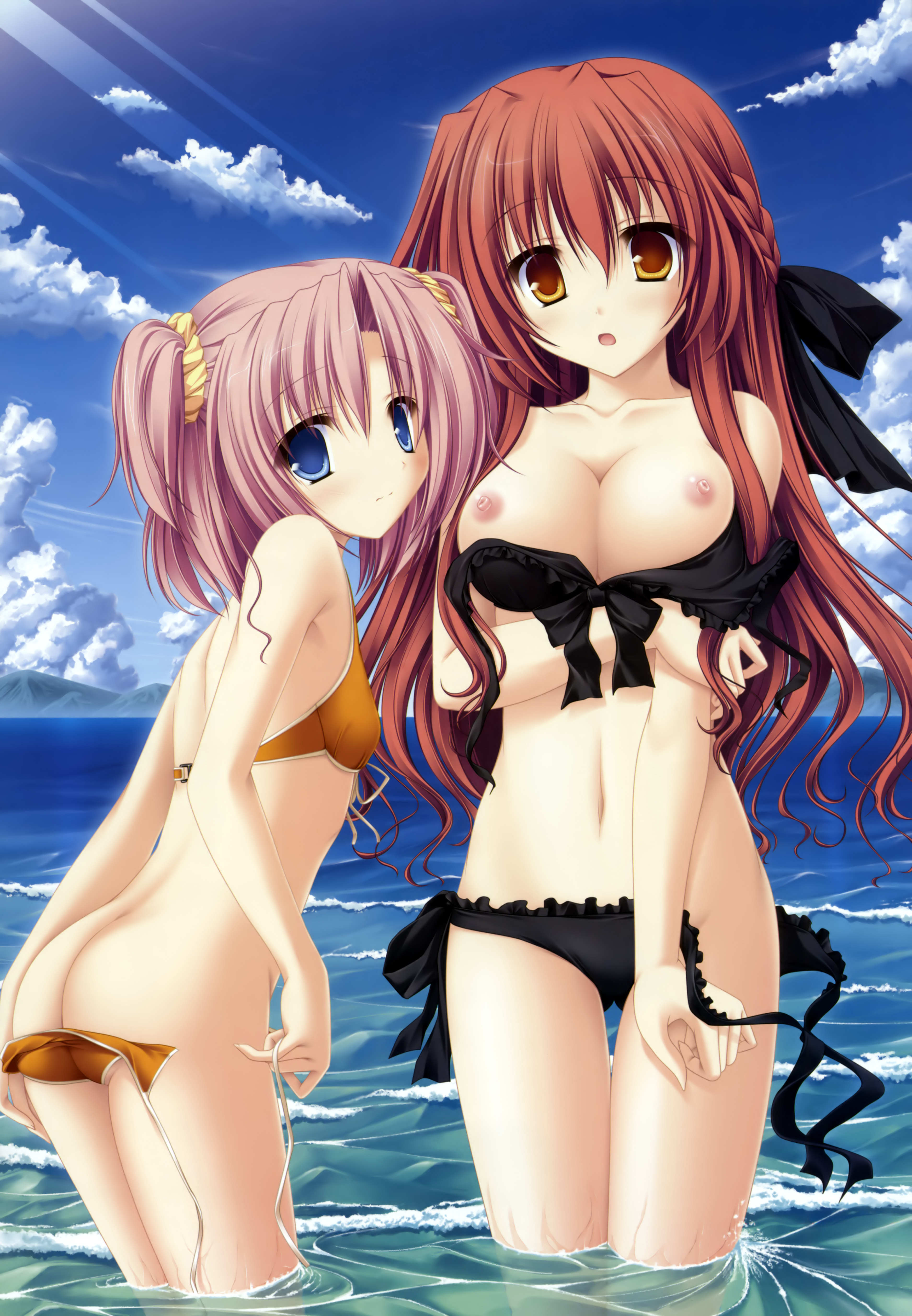 mikagami mamizu, karen lux victoria, kazamai sakura, 77: and the two stars meet again, absurdres, highres, 2girls, beach, bikini, black bikini, blue eyes, braid, breasts, cloud, day, flat chest, front-tie top, hair ribbon, large breasts, looking at viewer, multiple girls, navel, nipples, orange bikini, orange eyes, outdoors, partially submerged, purple hair, red hair, removing panties, ribbon, scrunchie, side-tie bikini bottom, sky, swimsuit, twintails, two side up, undressing, untied bikini, wading, water