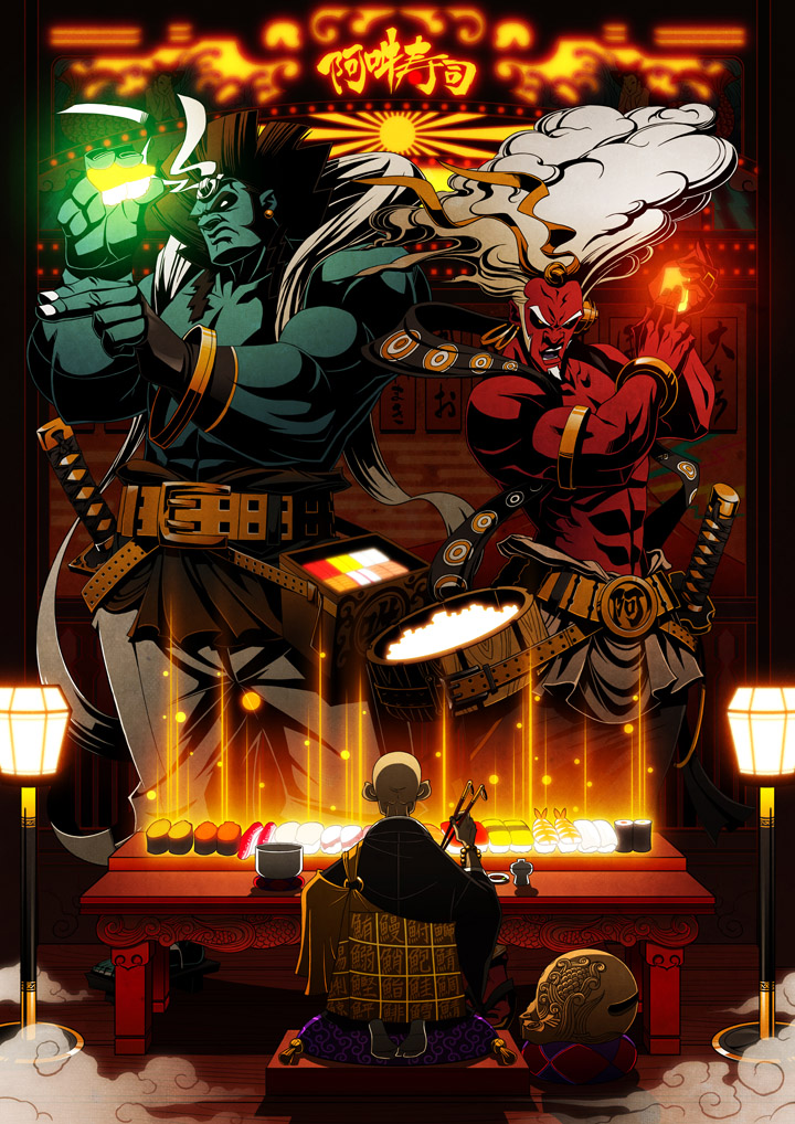 godtail, fuujin (mythology), raijin (mythology), original, 3boys, bald, belt, blue oni, bucket, chopsticks, eating, fish (food), food, katana, lamp, makizushi, male focus, monk, multiple boys, muscular, nigirizushi, ohitsu, oni, red oni, rice, sitting, sushi, sword, topless male, weapon