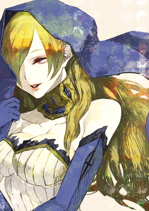 kunimura hakushi, original, bad id, bad pixiv id, 1girl, bare shoulders, blonde hair, breasts, choker, cleavage, elbow gloves, female focus, gloves, hair over one eye, large breasts, lips, long hair, red eyes, solo, veil