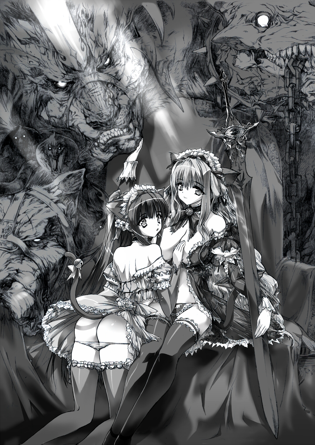 q azieru, cerberus, original, highres, 2girls, animal ears, ass, back, bare back, bare shoulders, bell, breasts, cat ears, cat girl, cat tail, chestnut mouth, choker, cleavage, dot nose, fantasy, feet out of frame, flower, frill trim, frills, greyscale, hairband, huge breasts, huge weapon, large breasts, light rays, lolita hairband, looking at viewer, looking back, monochrome, monster, multiple girls, no bra, panties, panties around leg, panty pull, sharp teeth, sunbeam, sunlight, sword, tail, tail bell, tail ornament, tareme, teeth, thighhighs, thong, underwear, weapon, yuri