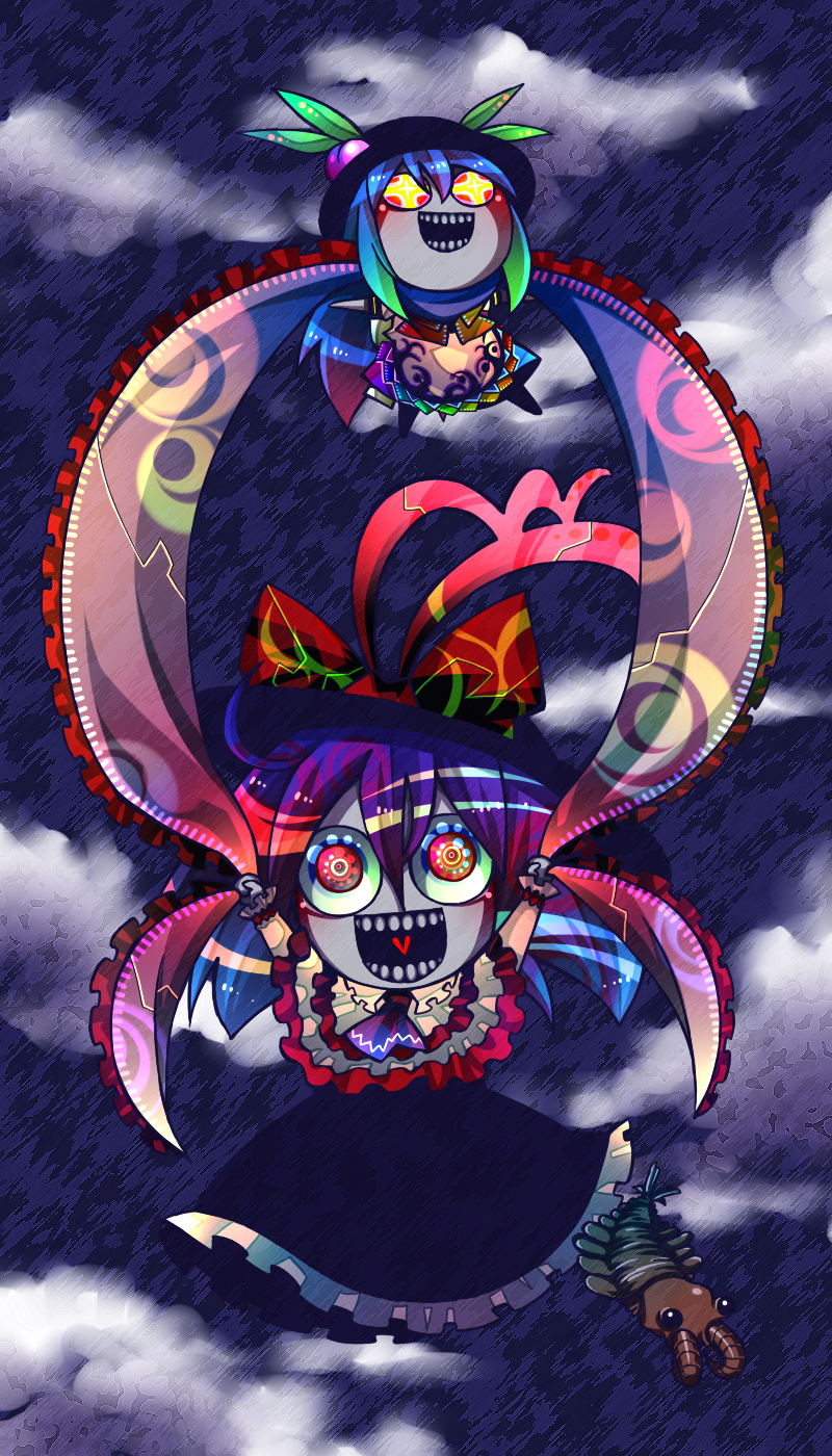 senmu (0107), hinanawi tenshi, nagae iku, touhou, bad id, bad pixiv id, highres, 2girls, anomalocaris, blue hair, bow, cloud, crazy eyes, creepy, female focus, flying, food, fruit, grin, hat, horror (theme), multiple girls, peach, prehistoric animal, smile