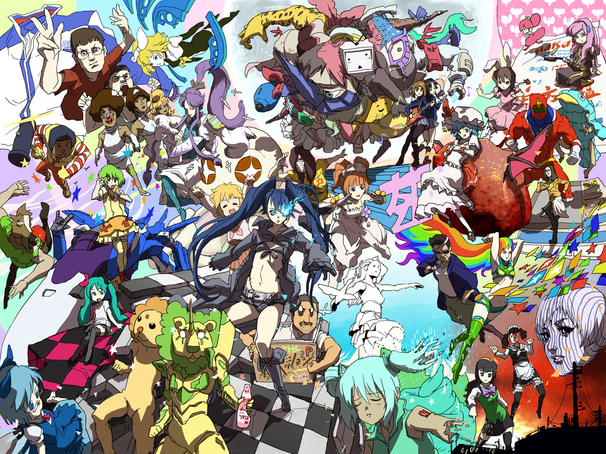 daromeon, akiyama mio, black rock shooter (character), cirno, crazy frog brothers, eva 01, hatsune miku, hirasawa yui, ibuki suika, inaba tewi, kagamine rin, kagamine rin (roshin yuukai), kamui gakupo, kumakichi (character), megurine luka, michael jackson, otonashi kotori, patricia martin, ranka lee, remilia scarlet, ronald mcdonald, sunred, takatsuki yayoi, yagokoro eirin, yoshi ikuzo, beatmania iidx, bemani, black rock shooter, cheetahmen, double lariat (vocaloid), gag manga biyori, gake no ue no ponyo, hatsune miku no shoushitsu (vocaloid), idolmaster, idolmaster (classic), k-on!, lucky star, macross, macross frontier, mcdonald's, meltdown, neon genesis evangelion, niconico, real life, remember the time, roshin yuukai (vocaloid), smooooch, tennis no ouji-sama, tentai senshi sunred, touhou, vocaloid, world is mine (vocaloid), annotated, character request, making-of available, 00s, 10s, 6+girls, absolutely everyone, crossover, everyone, fusion, get down (meme), hammer, horse, meme, multiple girls, seikan hikou, songover