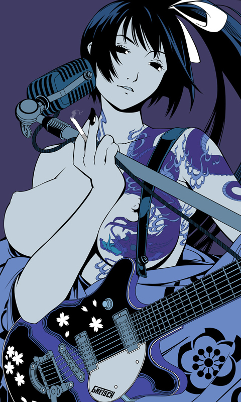 oogure ito, natsume aya, tenjou tenge, cropped, derivative work, vector trace, 1girl, blue hair, breasts, cherry blossoms, cigarette, female focus, flower, gretsch, guitar, hair ribbon, instrument, japanese clothes, kimono, large breasts, long hair, microphone, microphone stand, nail (hardware), nail polish, nipples, nose, ponytail, purple theme, ribbon, simple background, smoking, solo, tattoo, topless female, very long hair, yukata