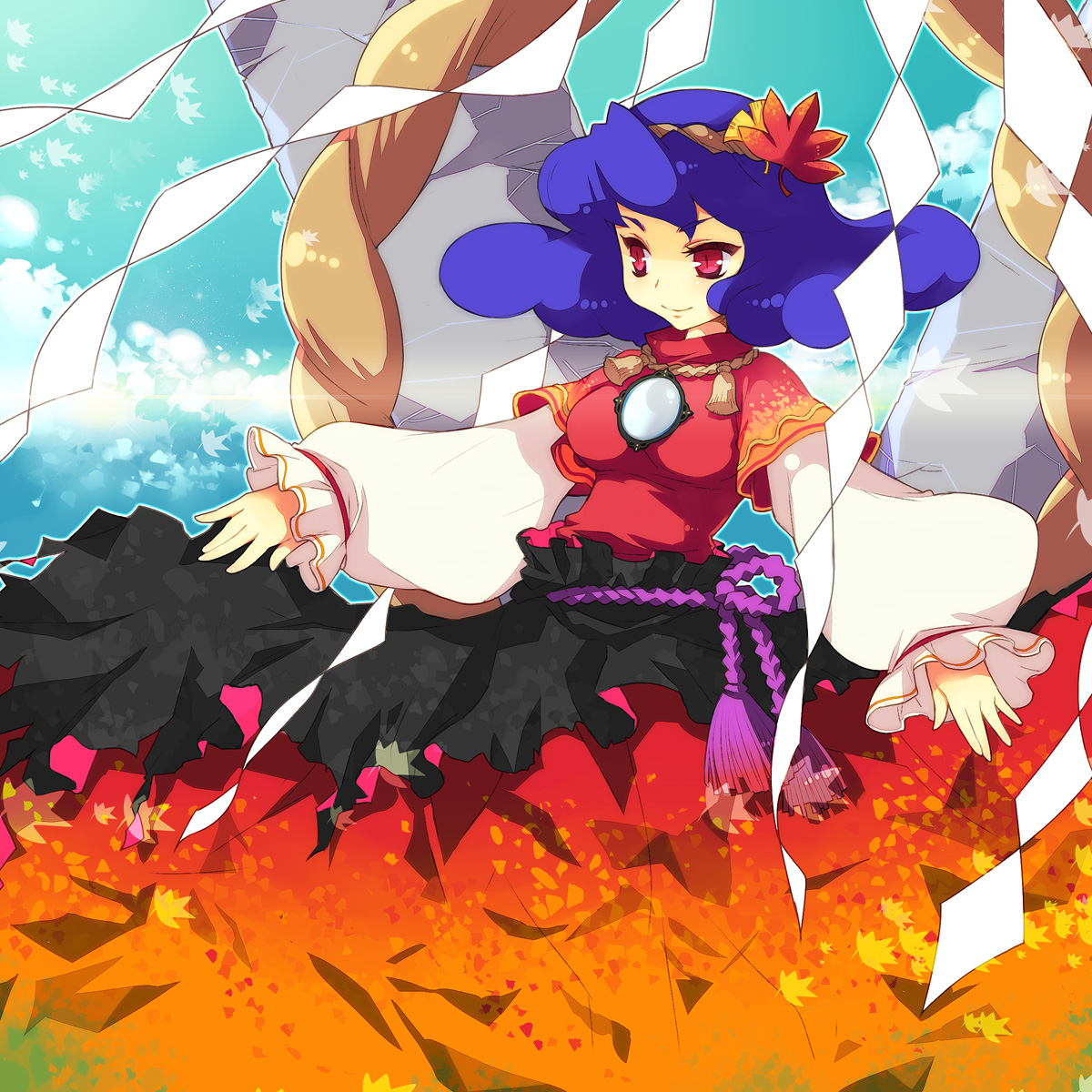 sokomushi, yasaka kanako, touhou, bad id, bad pixiv id, highres, 1girl, blue hair, female focus, hair ornament, hairband, leaf, leaf hair ornament, mirror, red eyes, rope, shide, shimenawa, short hair, solo