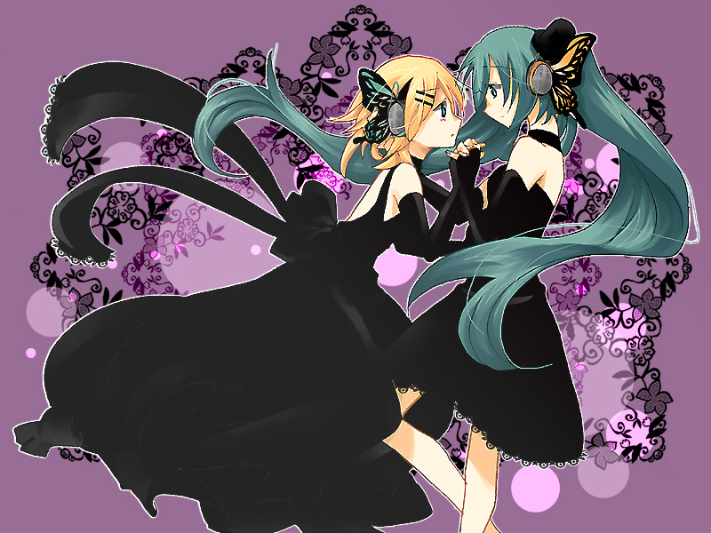uyuki, uyuki (ouun), hatsune miku, kagamine rin, magnet (vocaloid), vocaloid, 2girls, age difference, black dress, blonde hair, blue eyes, butterfly wings, dress, elbow gloves, fingerless gloves, gloves, green eyes, green hair, hair ornament, hairclip, hat, headphones, insect wings, long hair, mini hat, mini top hat, multiple girls, short hair, top hat, twintails, wings, yuri