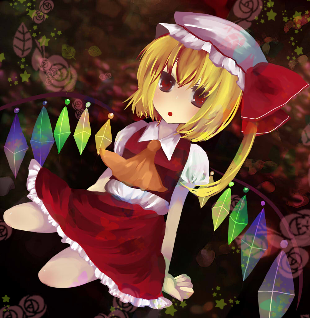 swami, flandre scarlet, touhou, bad id, bad pixiv id, 1girl, blonde hair, blouse, child, collared shirt, female focus, full body, hat, mob cap, shirt, sitting, solo, white hat, white shirt, wings