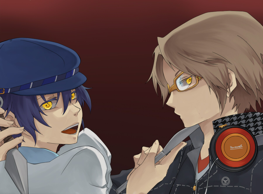 kimito, you (kimito), hanamura yousuke, shadow (persona), shirogane naoto, atlus, persona, persona 4, bad id, bad pixiv id, 1boy, 1girl, dark persona, headphones, headphones around neck, kunai, lab coat, reverse trap, scalpel, weapon, yellow eyes