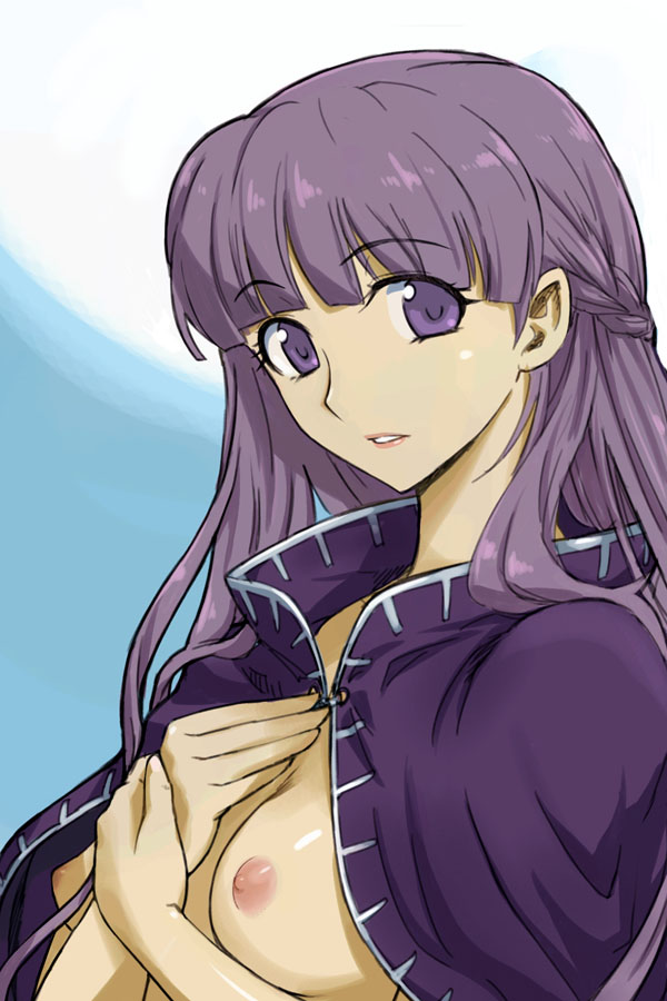 michael f91, sophia (fire emblem), fire emblem, fire emblem: the binding blade, nintendo, 1girl, breasts, cape, cloak, female focus, long hair, nipples, purple eyes, purple hair, solo, topless female