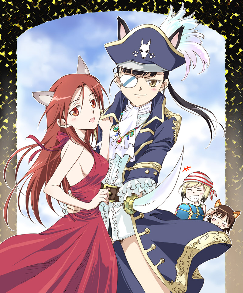 agahari, erica hartmann, minna-dietlinde wilcke, miyafuji yoshika, sakamoto mio, strike witches, world witches series, 00s, 4girls, alternate costume, animal ears, black hair, blonde hair, brown hair, eyepatch, hat, jewelry, long hair, multicolored hair, multiple girls, no pants, one-piece swimsuit, pirate, ponytail, red hair, school swimsuit, short hair, swimsuit, swimsuit under clothes, sword, two-tone hair, weapon, yellow eyes