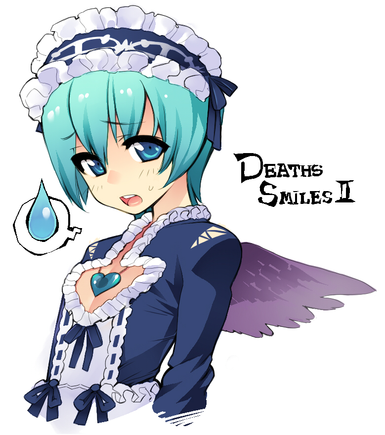 heisa, lei (deathsmiles), rei (deathsmiles), cave (developer), deathsmiles, bad id, bad pixiv id, 1boy, blue eyes, blue hair, flat chest, gothic lolita, lolita fashion, male focus, matching hair/eyes, short hair, solo, sweatdrop, trap, typo, wings