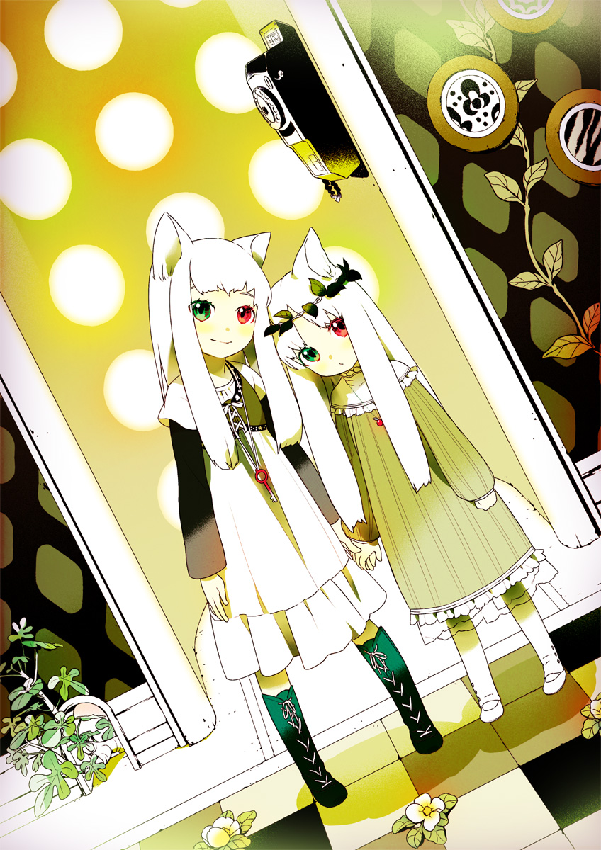 komagarita, komagata, bad id, bad pixiv id, highres, animal ears, blush, boots, child, dress, flower, heterochromia, holding hands, long hair, skirt, smile, white hair