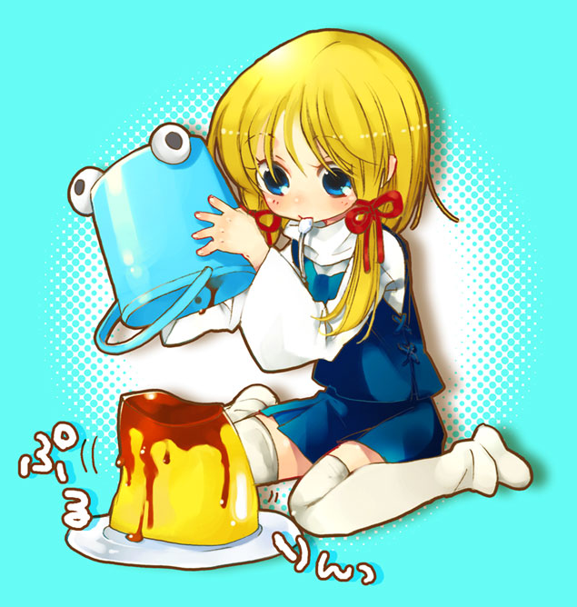 mitsubachi koucha, moriya suwako, touhou, bad id, bad pixiv id, 1girl, blonde hair, blue eyes, blush, bucket, female focus, food, full body, giga pudding, halftone, halftone background, hat, long hair, mouth hold, pudding, skirt, solo, spoon, thighhighs, white background, white thighhighs