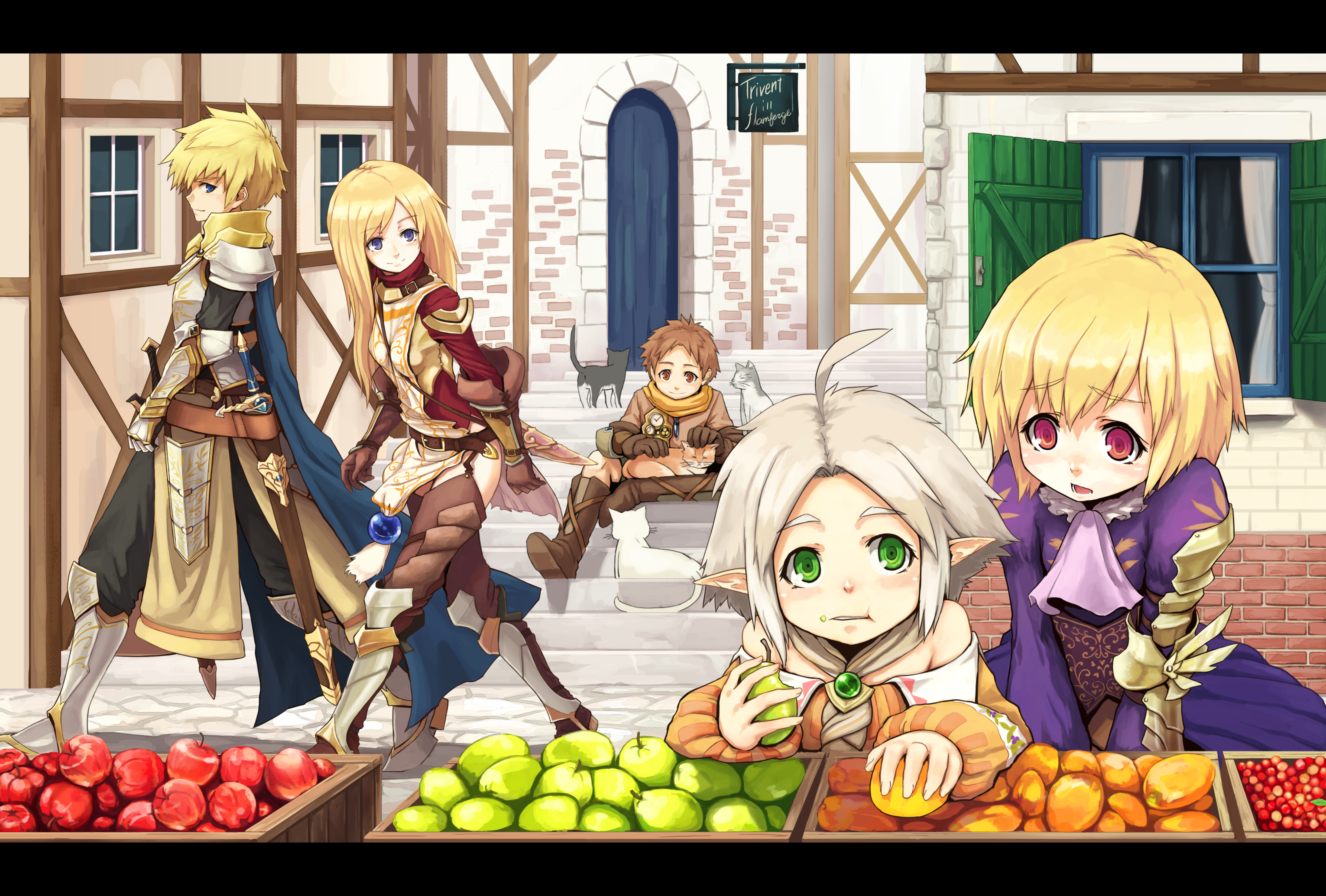 29 (artist), original, absurdres, bad id, bad pixiv id, highres, 2boys, 3girls, apple, armor, blonde hair, blush, cat, eating, fantasy, food, fruit, long hair, multiple boys, multiple girls, pointy ears, short hair, stairs, sword, town, weapon
